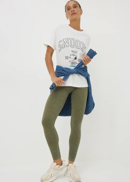 Khaki Washed Ribbed Seamless Leggings - S Image 1