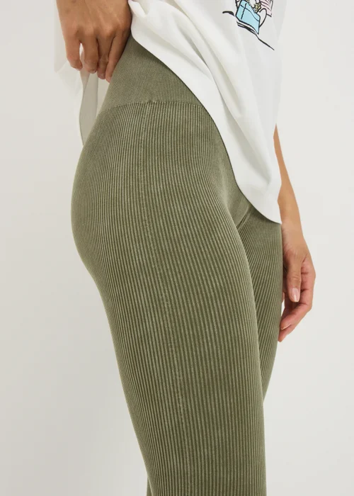 Khaki Washed Ribbed Seamless Leggings - S Image 2