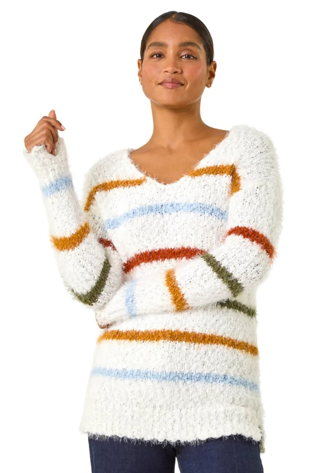 Roman Ivory Stripe Fluffy Knit Jumper