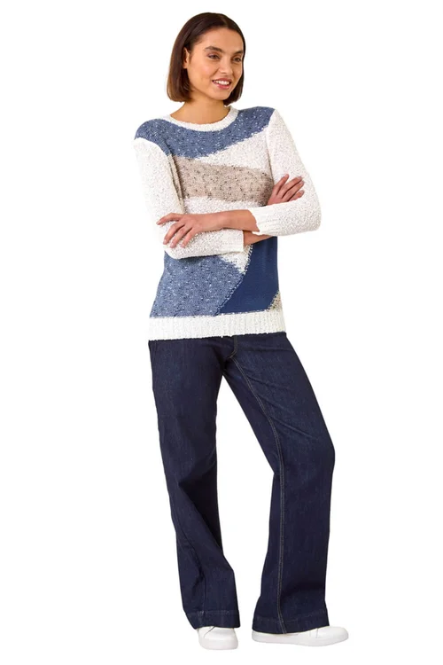 Roman Blue Textured Colour Block Jumper - Size 20 Image 2