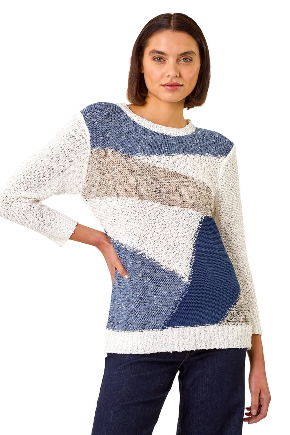 Roman Blue Textured Colour Block Jumper - Size 20 Image 1