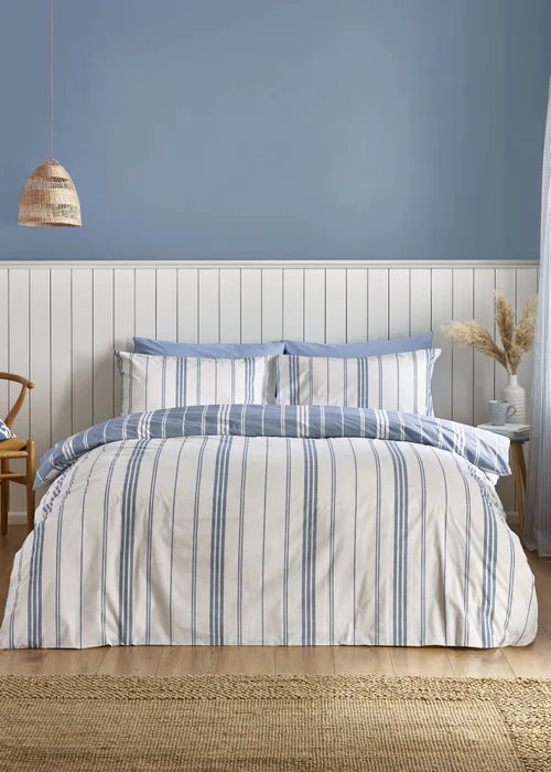 Catherine Lansfield Harbour Stripe Reversible Double Duvet Cover Set Blue - Single Image 1