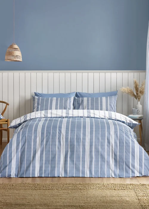 Catherine Lansfield Harbour Stripe Reversible Double Duvet Cover Set Blue - Single Image 2