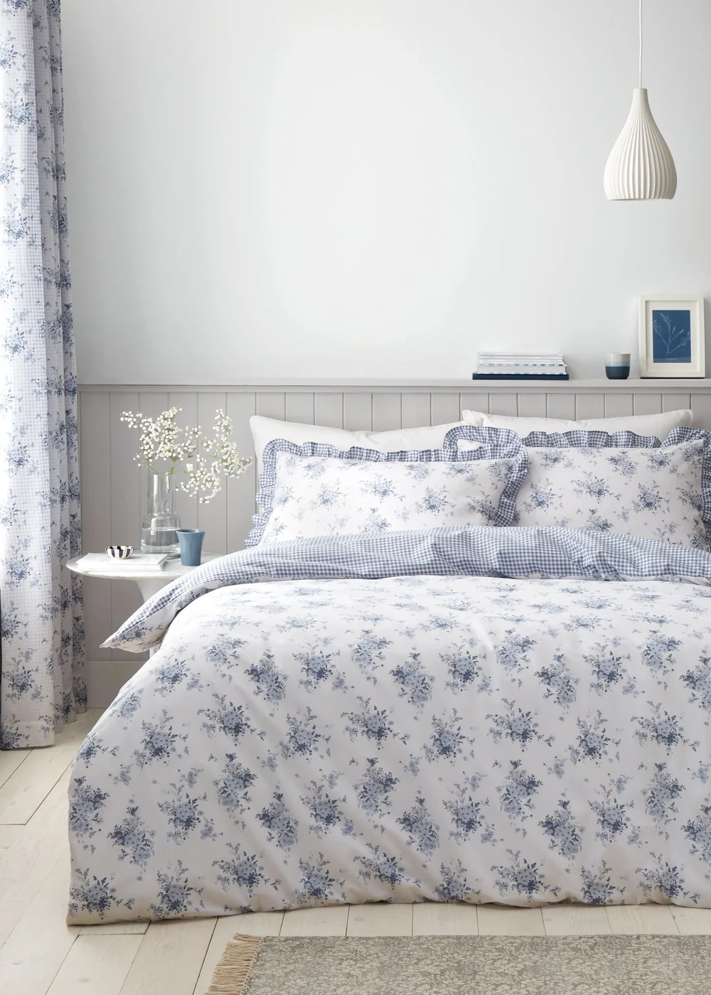 Catherine Lansfield Lucie Floral Frill Reversible King Duvet Cover Set White Blue - Single Image 1