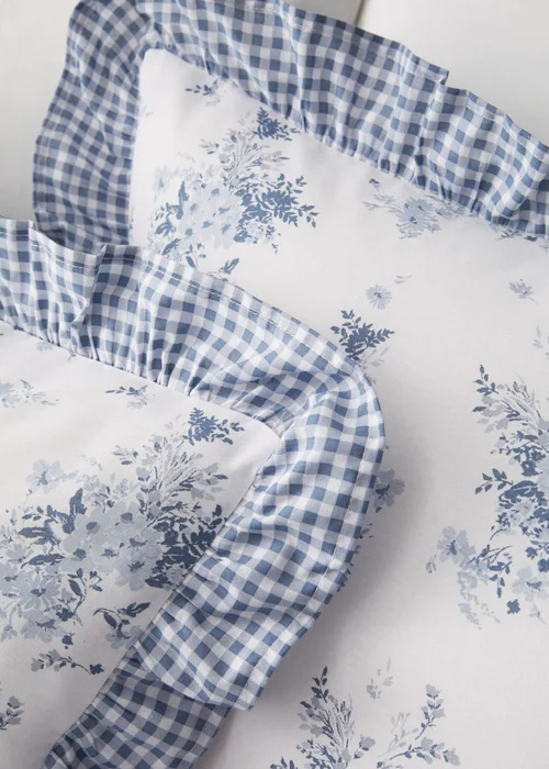 Catherine Lansfield Lucie Floral Frill Reversible King Duvet Cover Set White Blue - Single Image 3