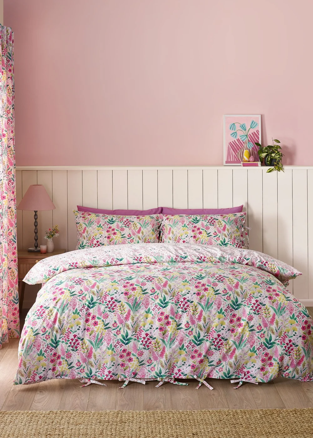 Catherine Lansfield Tilly Floral Reversible King Duvet Cover Set Pink - Single Image 1