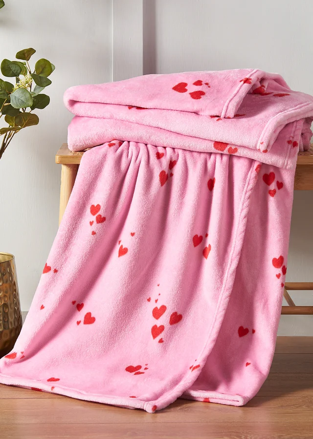Catherine Lansfield Heart Cosy Fleece Oversized 200x240cm Blanket Throw Pink