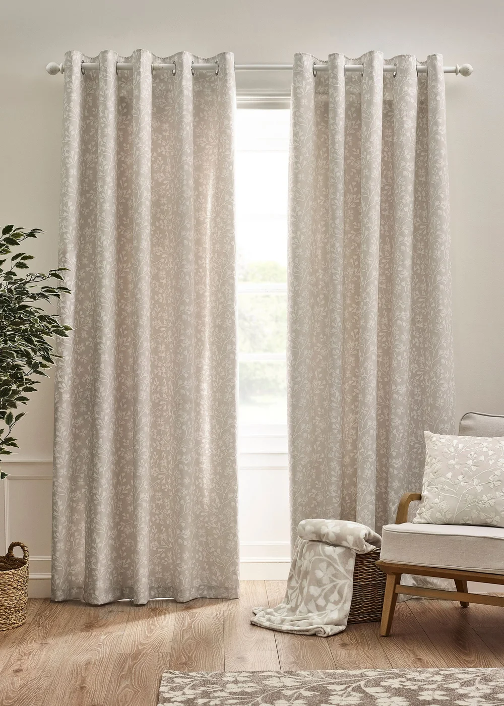Catherine Lansfield Brooke Floral Lined Eyelet Curtains Natural - 90W X 90D (229x229cm) Image 2