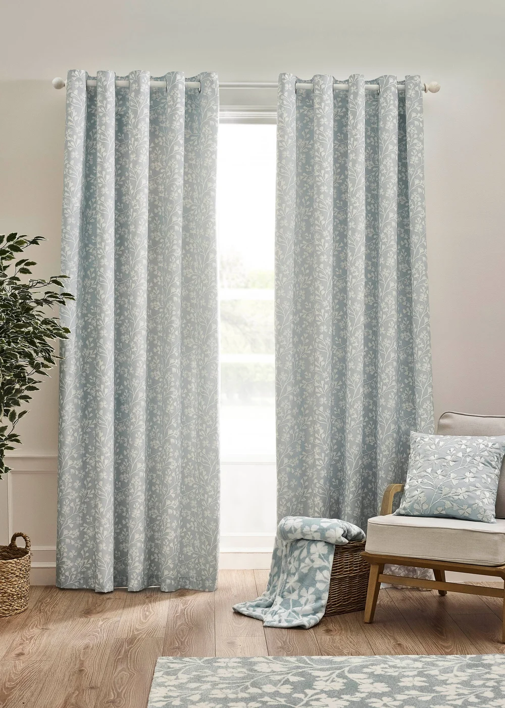 Catherine Lansfield Brooke Floral Lined Eyelet Curtains Duck egg Blue - 46W X 54D (117x137cm) Image 2
