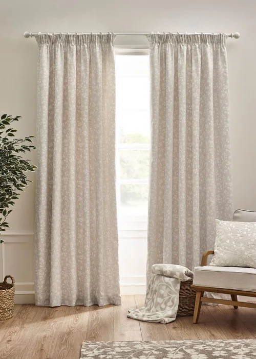 Catherine Lansfield Brooke Floral Lined Pencil Pleat Curtains Natural - 66W X 72D (168x183cm) Image 2