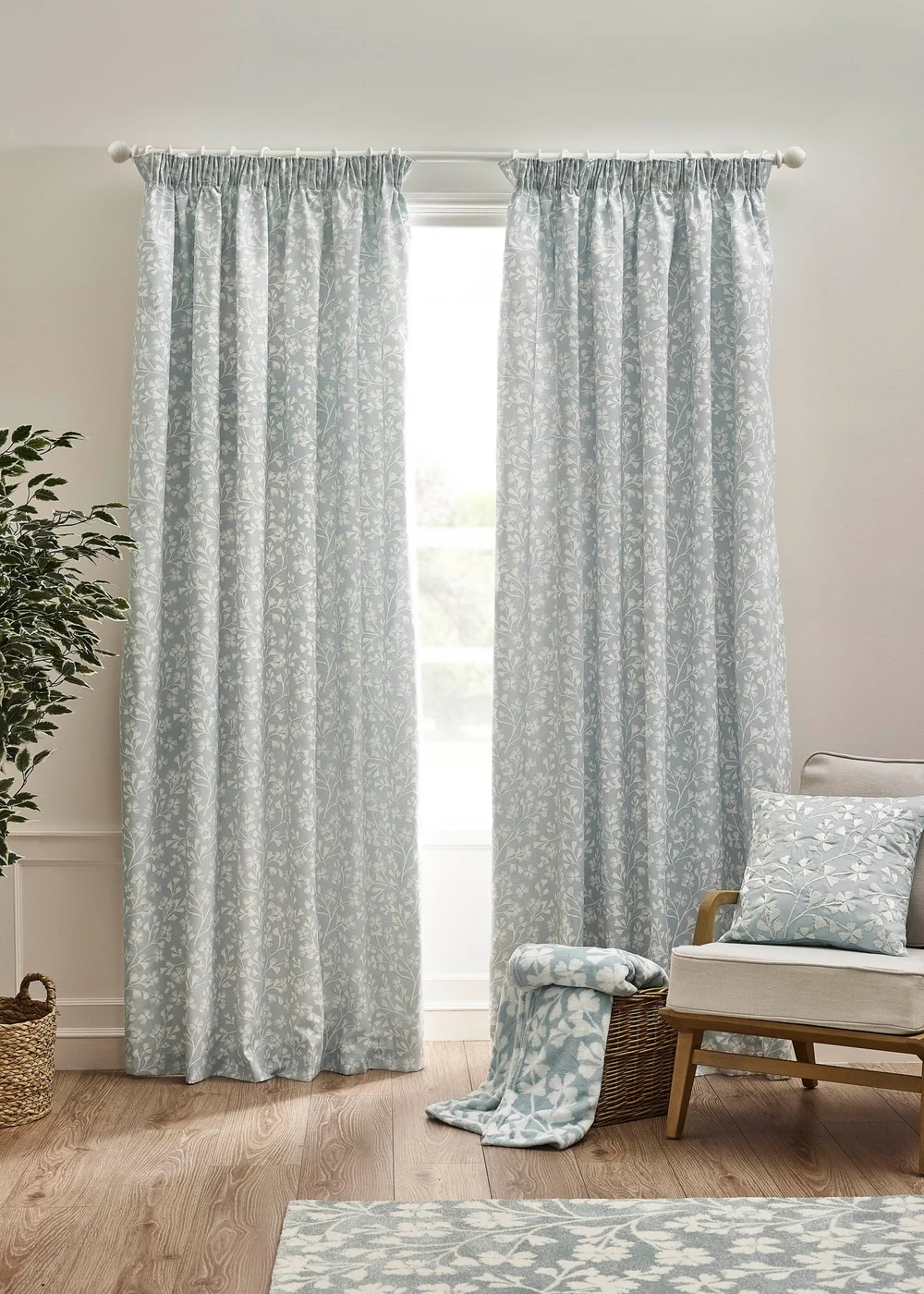 Catherine Lansfield Brooke Floral Lined Pencil Pleat Curtains Duck egg Blue - 66W X 54D (168x137cm) Image 2