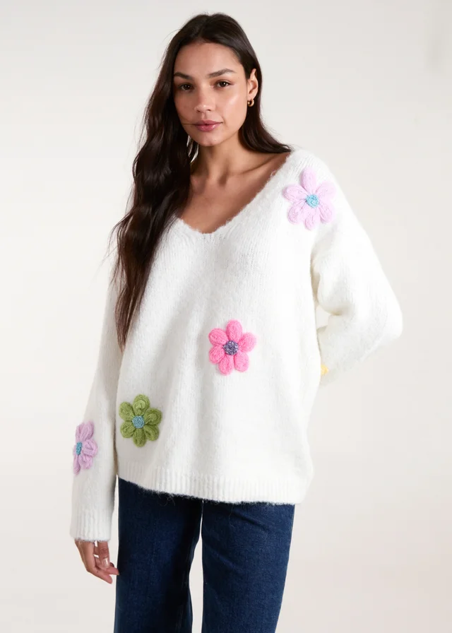 Blue Vanilla Ivory Flower Knit Embroidery V Neck Jumper