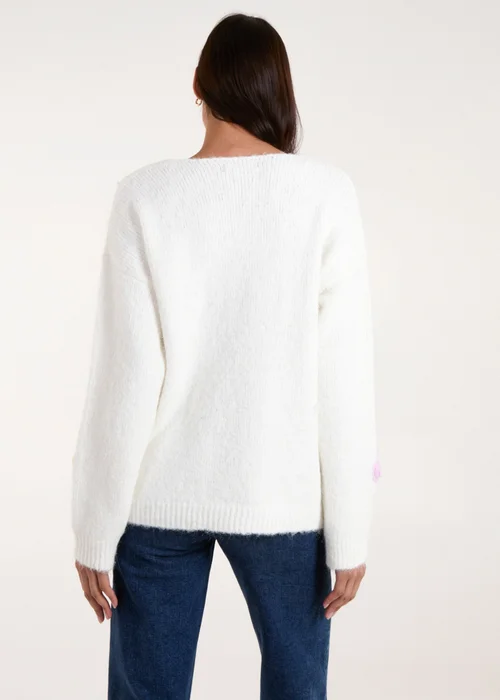 Blue Vanilla Ivory Flower Knit Embroidery V Neck Jumper - S/M Image 2