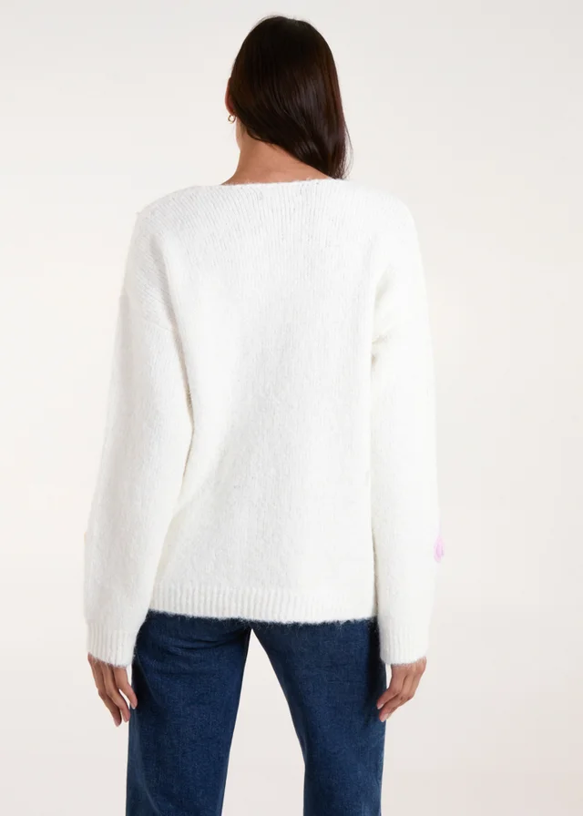 Blue Vanilla Ivory Flower Knit Embroidery V Neck Jumper