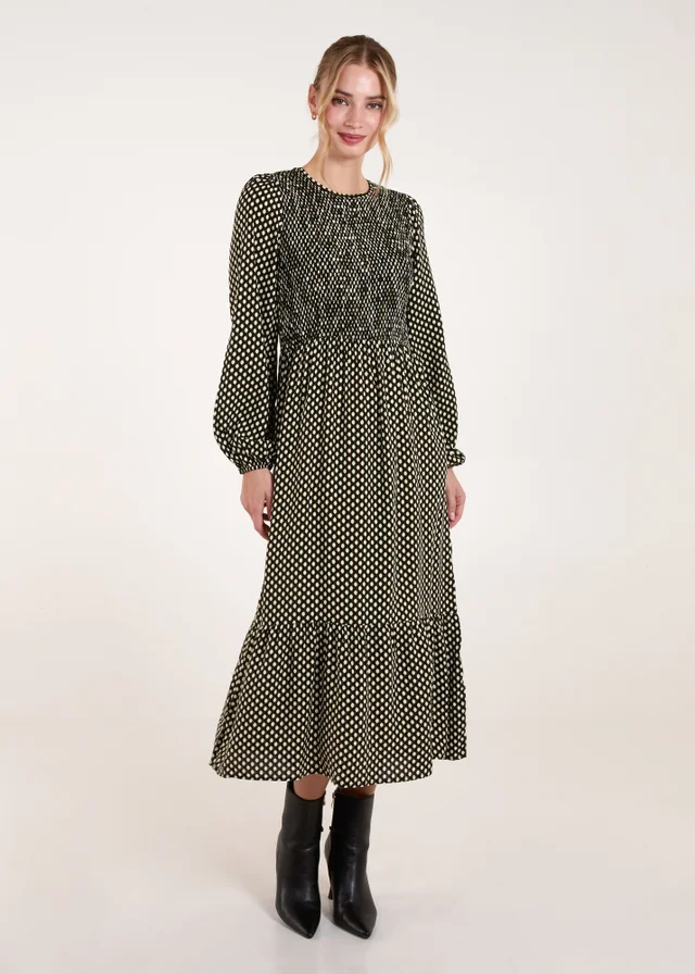 Blue Vanilla Khaki Polka Dot Shirred Cuff Sleeve Midi Dress