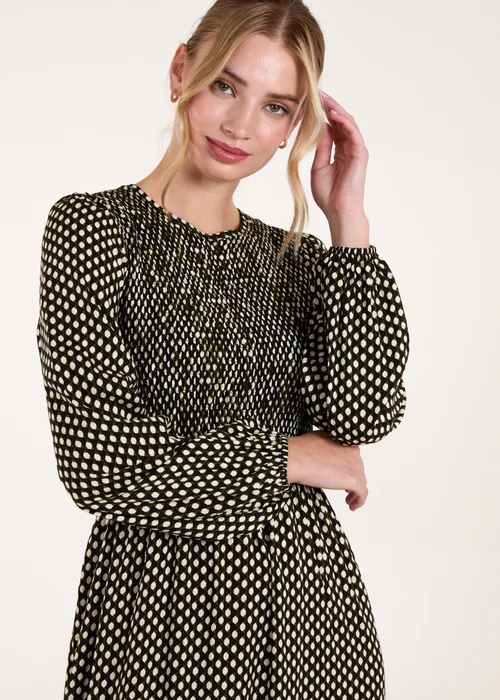 Blue Vanilla Khaki Polka Dot Shirred Cuff Sleeve Midi Dress - M Image 3