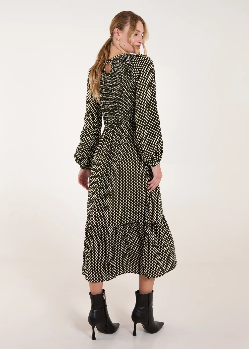 Blue Vanilla Khaki Polka Dot Shirred Cuff Sleeve Midi Dress - M Image 2