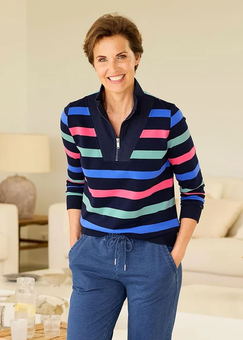 Cotton Traders Navy Stripe Zip-Neck Sweatshirt - 16 Image 1