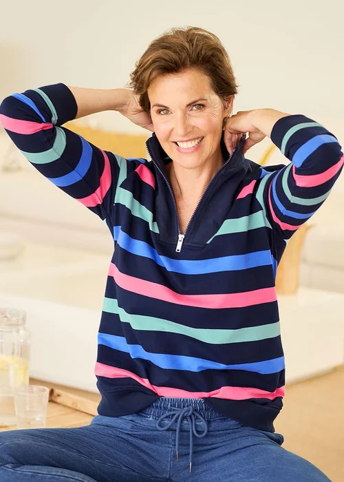 Cotton Traders Navy Stripe Zip-Neck Sweatshirt - 16 Image 3