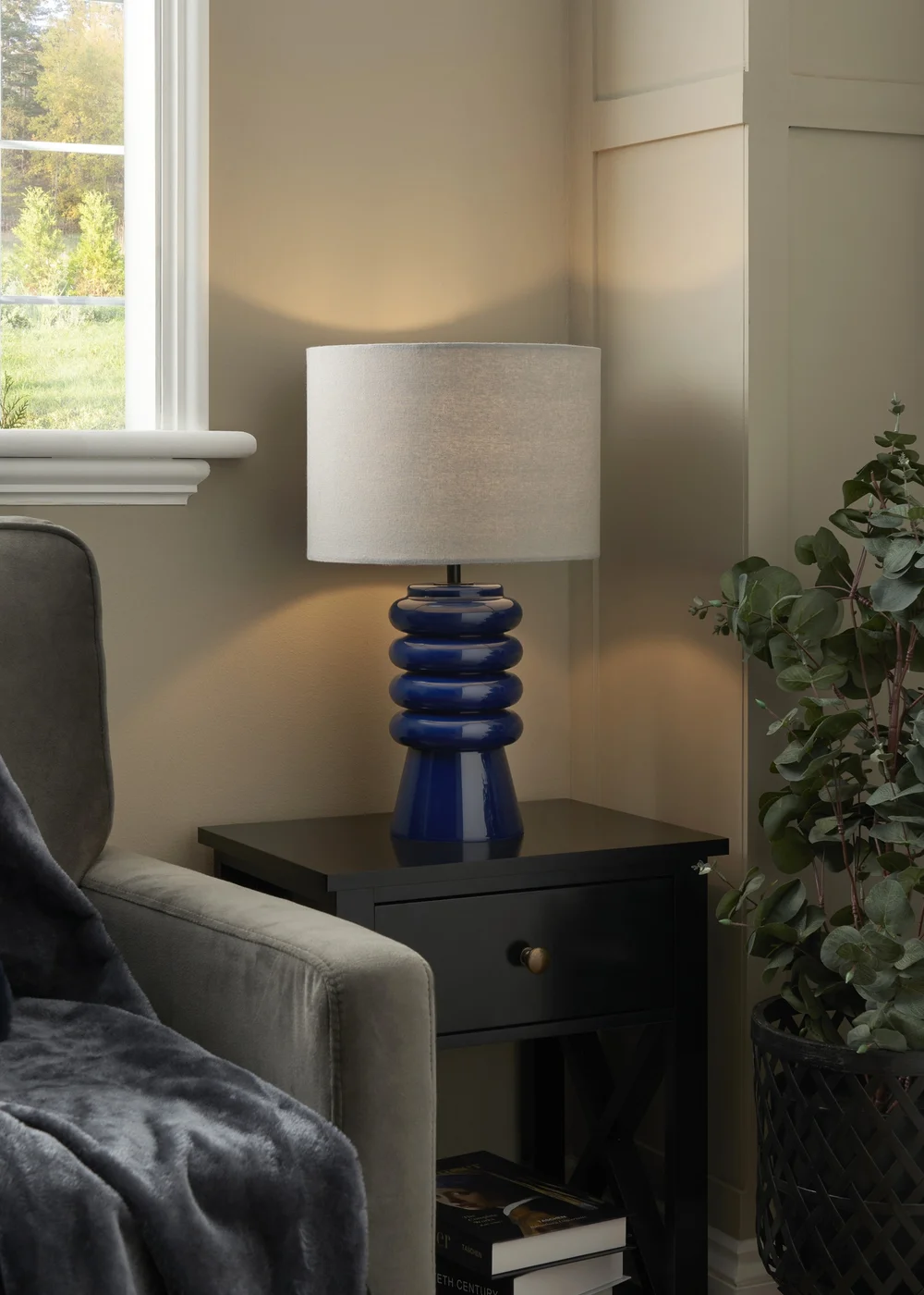 BHS Fava Ribbed Glass Table Lamp Blue (45cm x 27cm) - One Size Image 1