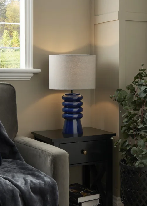 BHS Fava Ribbed Glass Table Lamp Blue (45cm x 27cm) - One Size Image 1