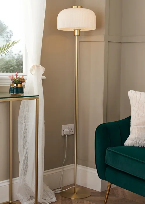 BHS Costa Brass Floor Lamp with Ribbed White glass (145cm x 29cm) - One Size Image 3