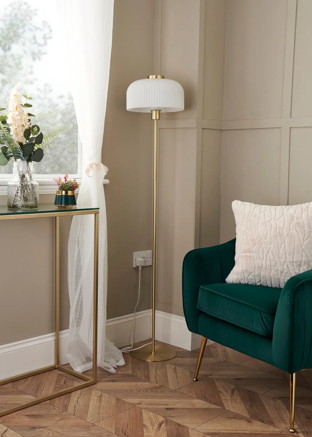 BHS Costa Brass Floor Lamp with Ribbed White glass (145cm x 29cm) - One Size Image 2