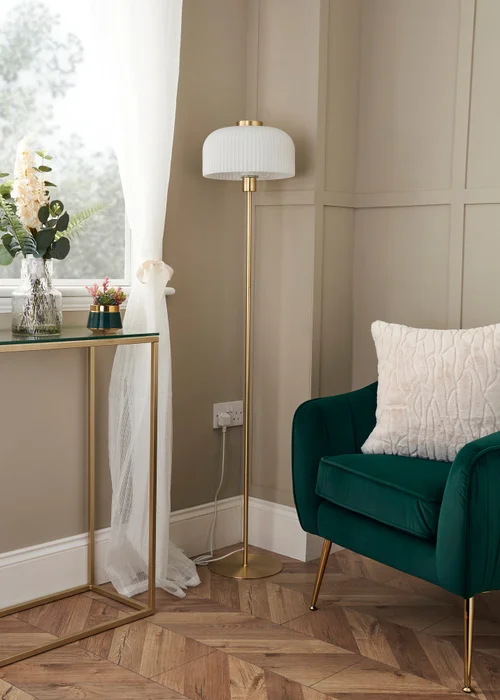 BHS Costa Brass Floor Lamp with Ribbed White glass (145cm x 29cm) - One Size Image 2