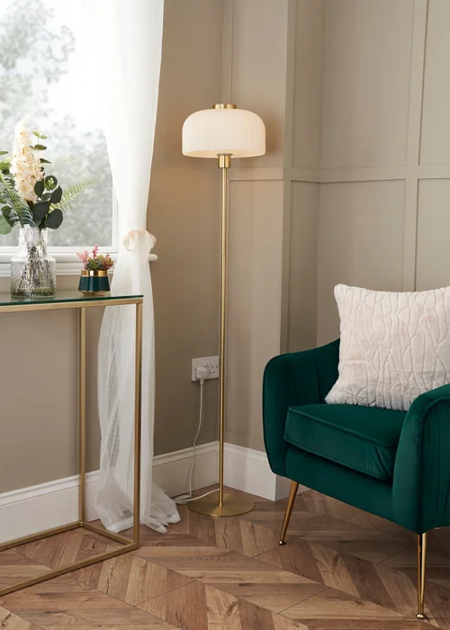 BHS Costa Brass Floor Lamp with Ribbed White glass (145cm x 29cm) - One Size Image 1