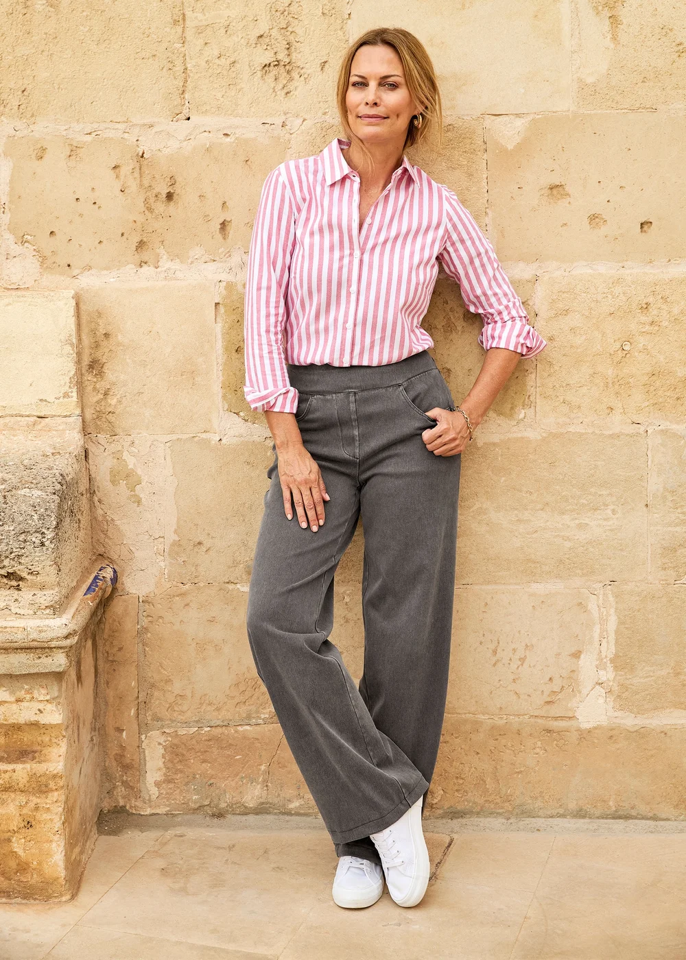 Cotton Traders Grey Stretch Jersey Denim Wide-Leg Pull-On Trousers - 10/L29 Image 1