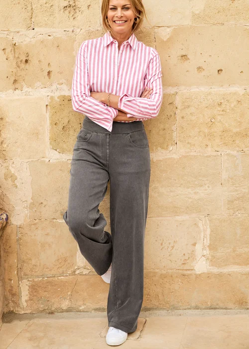 Cotton Traders Grey Stretch Jersey Denim Wide-Leg Pull-On Trousers - 10/L29 Image 3
