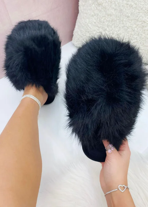 Love Lemonade Black Ultimate Cosy Fluffy Slippers - Size 6 Image 1