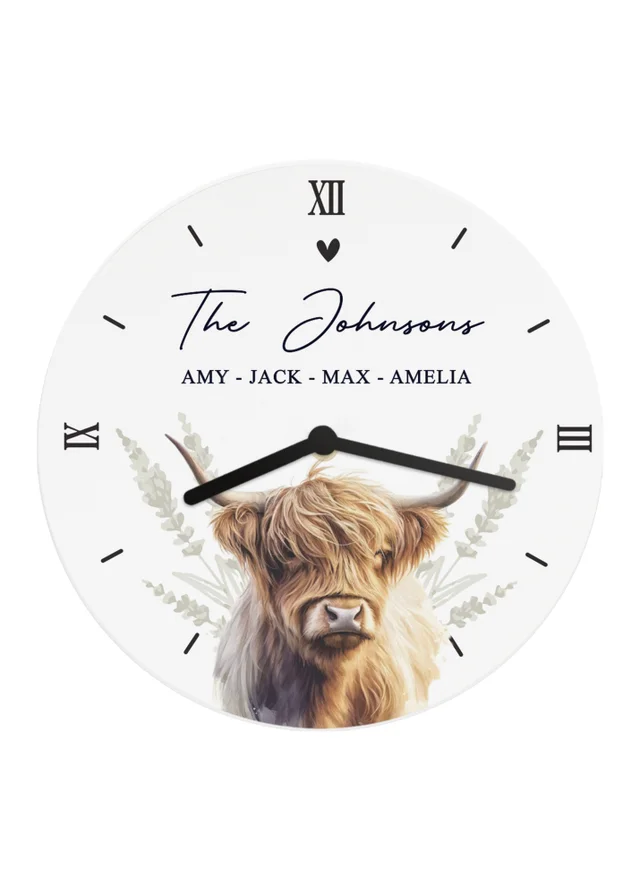 Personalised Memento Company Highland Cow White Wooden Clock