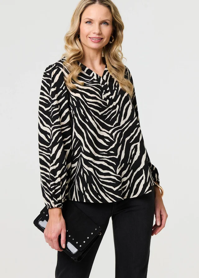 Izabel London Black Zebra Print V-Neck Long Sleeve Blouse