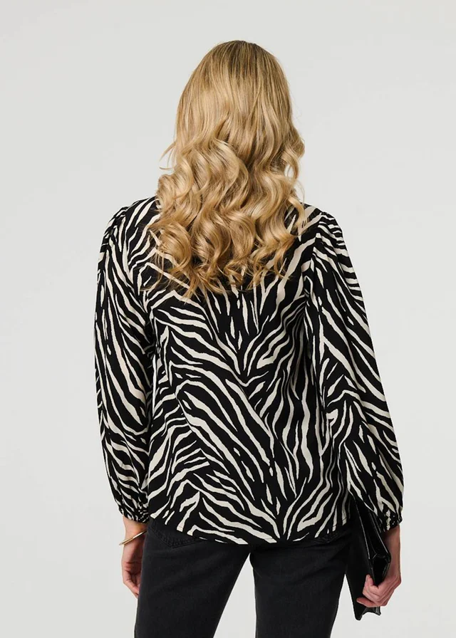 Izabel London Black Zebra Print V-Neck Long Sleeve Blouse