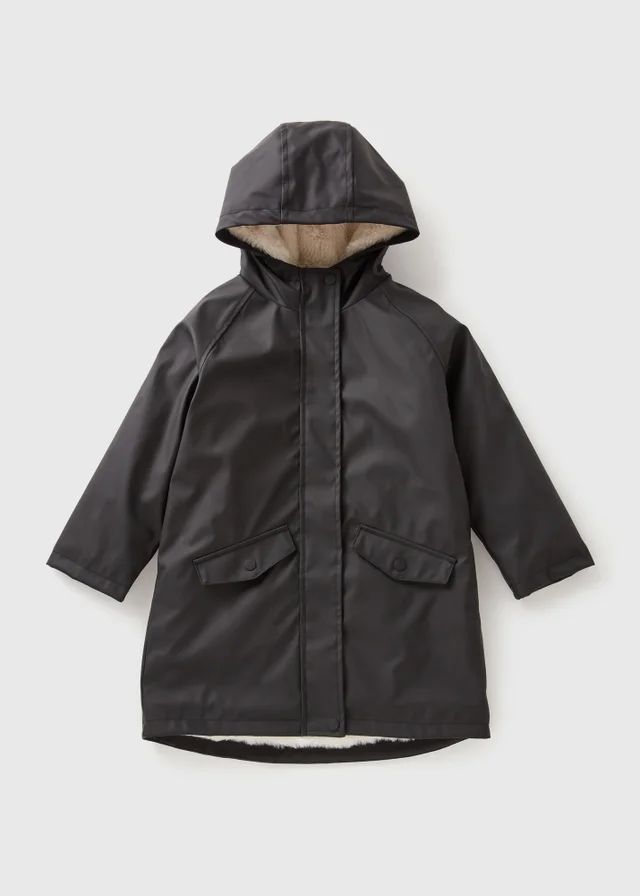 Girls Black Matte Showerproof Fur Lined Mac (7-15yrs)