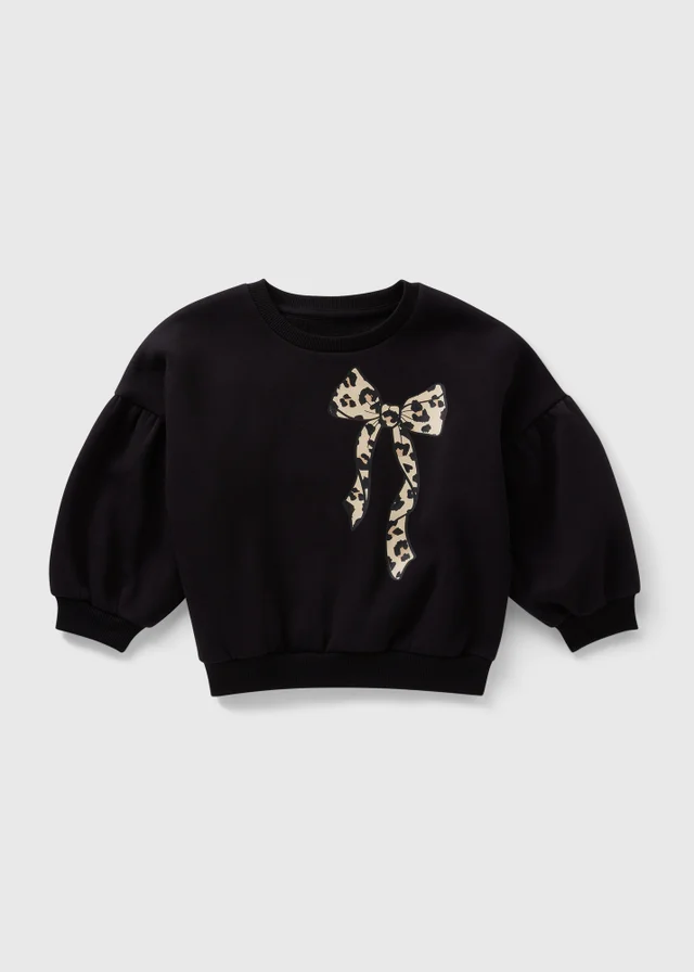 Girls Black Leopard Bow Sweatshirt (1-7yrs)