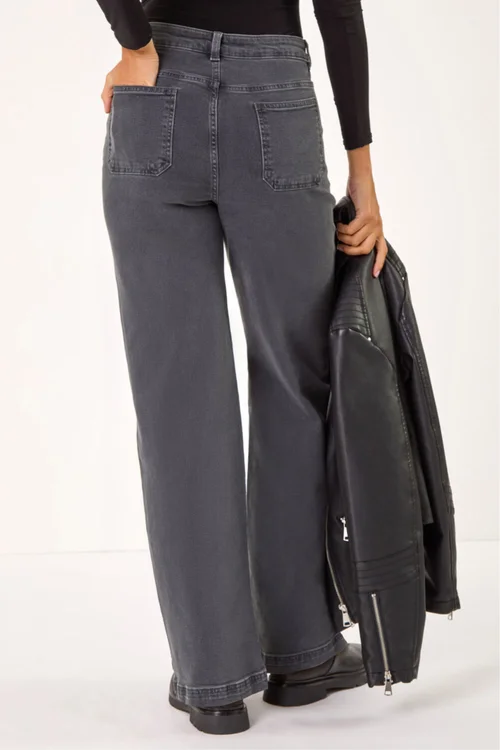 Roman Charcoal Cotton Blend Wide Leg Stretch Jeans - 10 Image 3