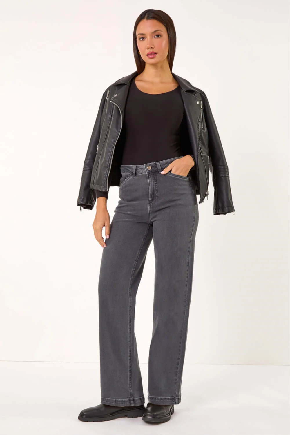 Roman Charcoal Cotton Blend Wide Leg Stretch Jeans - 10 Image 2