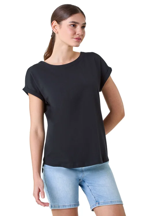 Roman Black Plain Stretch Cotton Jersey T-Shirt - Size 14 Image 1