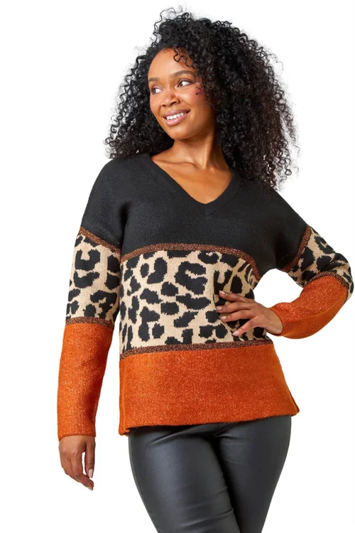 Roman Rust Petite Animal Colourblock Stretch Jumper - Size 14 Image 1