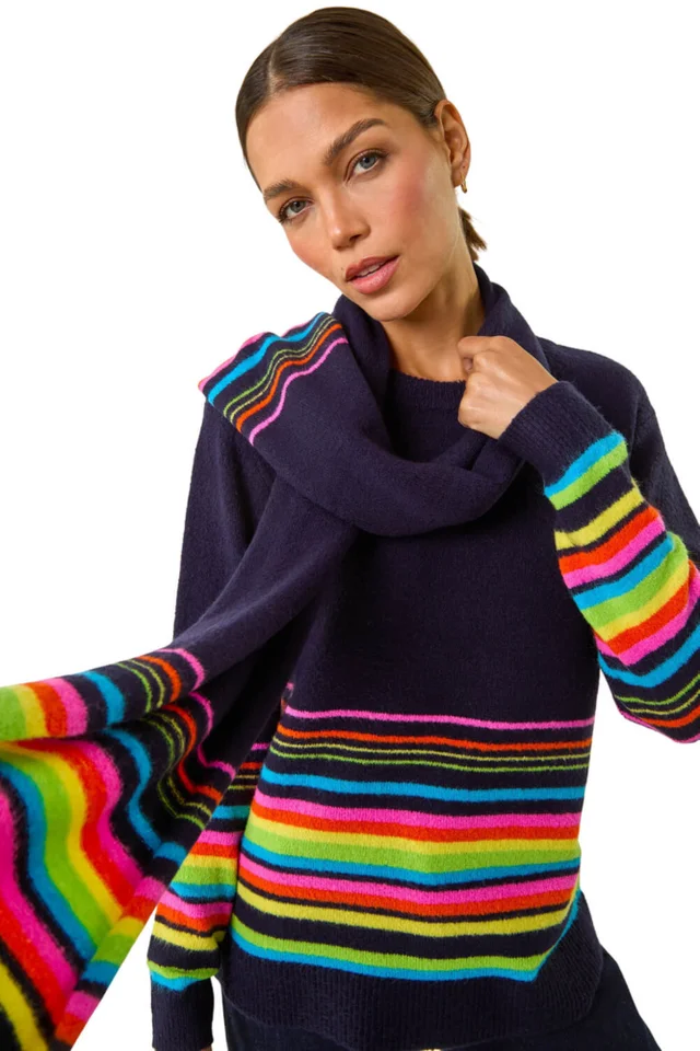 Roman Multi Border Stripe Scarf Knit Jumper