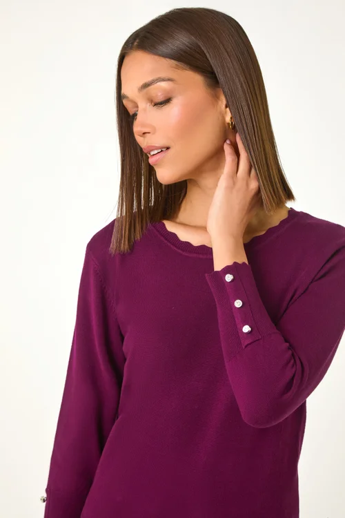 Roman Burgundy Diamante Button Scallop Edge Jumper - Size 14 Image 2