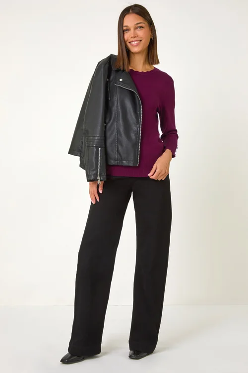 Roman Burgundy Diamante Button Scallop Edge Jumper - Size 14 Image 3