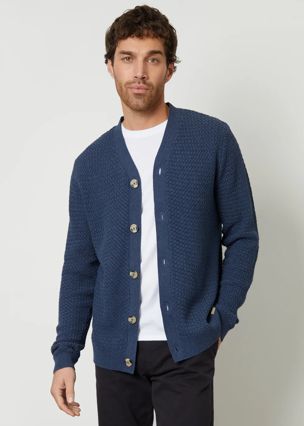 Threadbare Blue Basket Stitch V-neck Cardigan - Small Image 1