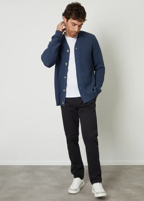 Threadbare Blue Basket Stitch V-neck Cardigan - Small Image 4