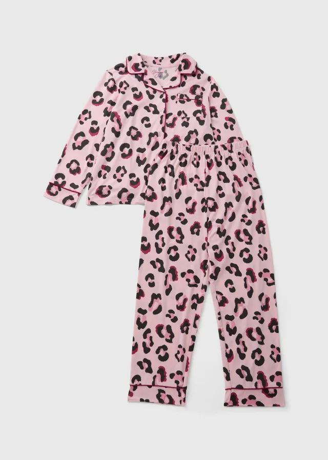 Girls Pink Leopard Button Pyjama Set (7-13yrs)