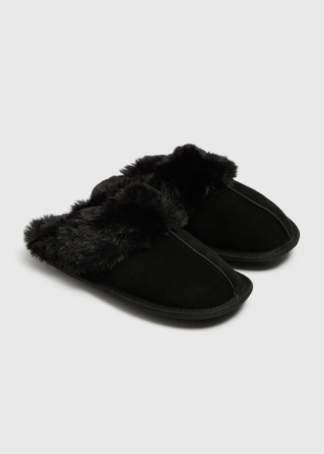 Black Faux Suede Trim Mule Slippers