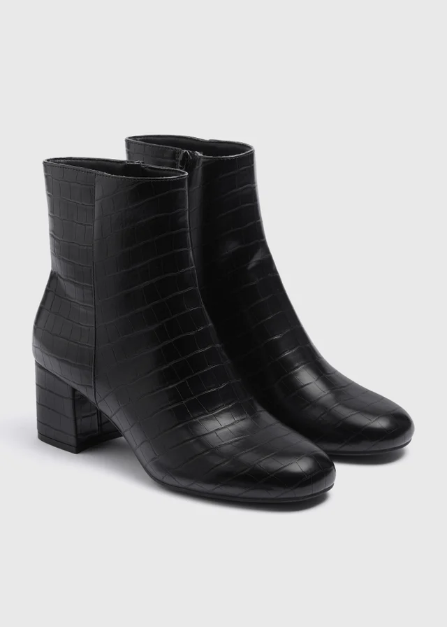 Black Croc Faux Leather Block Heel Boots
