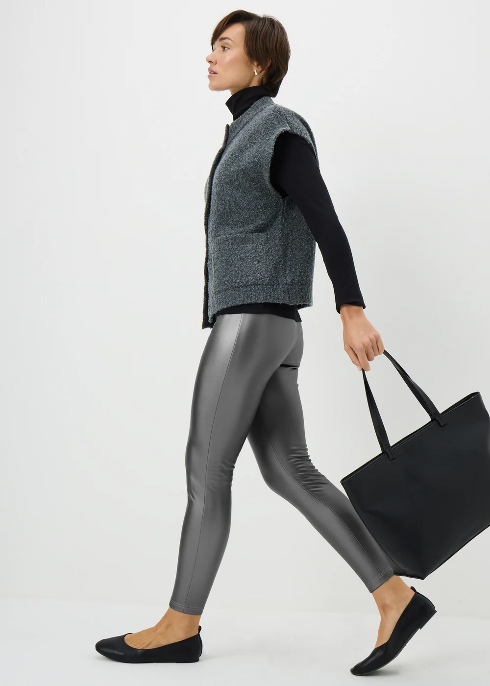 Silver Metallic Faux Leather Leggings - 10 Image 1